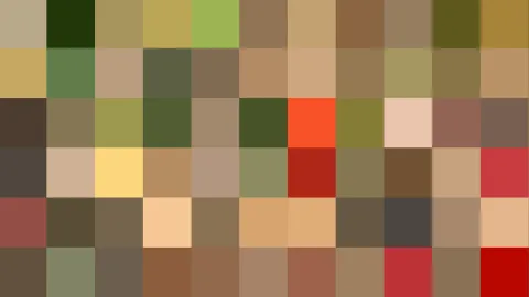 Rechteckiges Raster aus farbigen Pixelquadraten in Erd-, Oliv- und Rottönen, dazwischen einzelne leuchtend orange und rote Felder.
