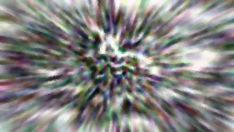 Abstrakte Komposition aus bunten, radial von der Mitte nach außen verlaufenden Streifen in Grün, Lila und Weiß, mit pixeligem Mosaikraster.