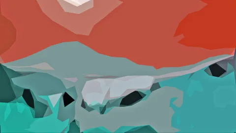Abstrakte Landschaft aus flächigen, facettierten Formen: oben ein orangeroter Himmel mit hellem Fleck, darunter graugrüne Hügel und türkisfarbene Vordergrundformen mit dunklen Aussparungen.