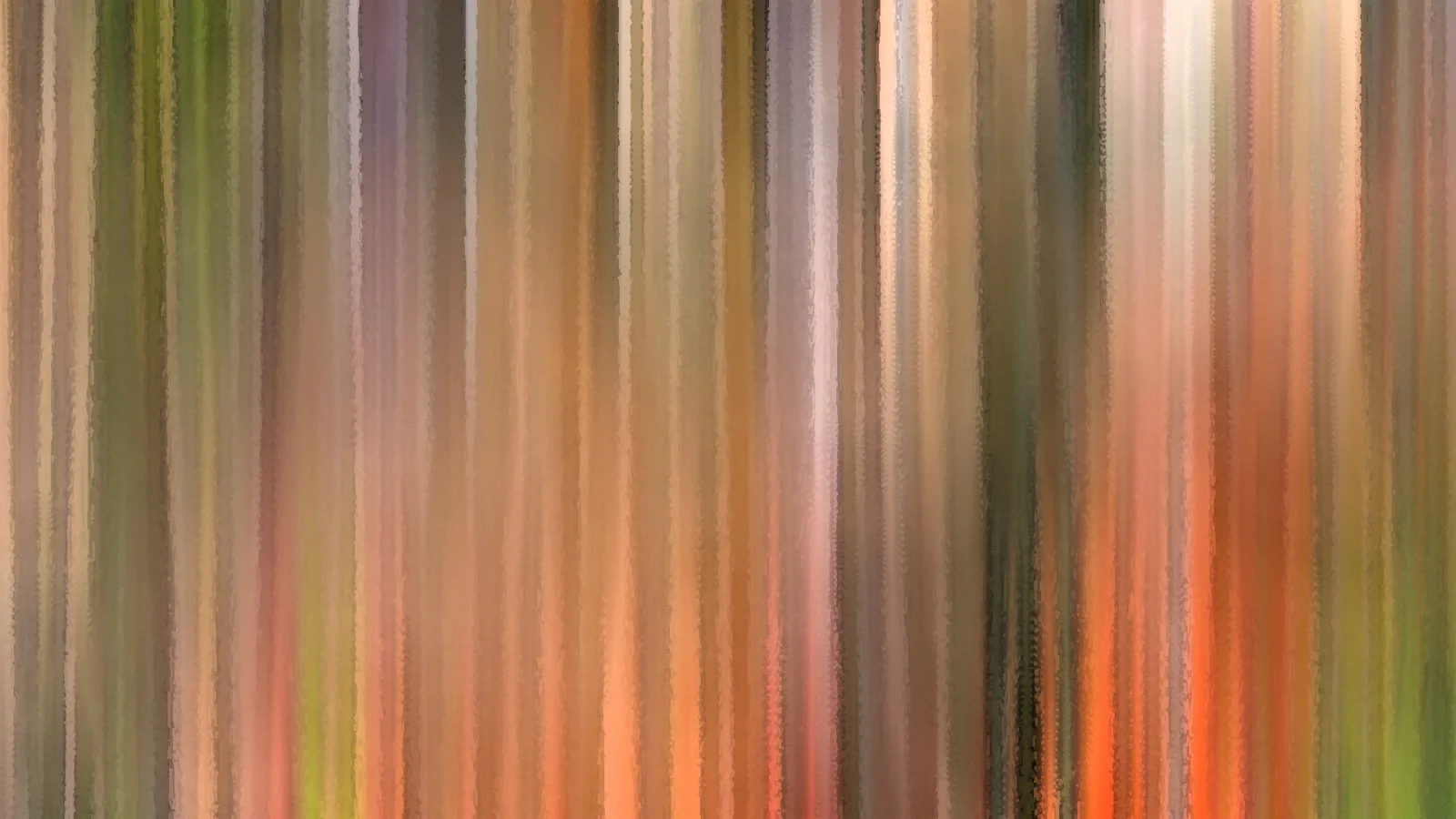 Abstraktes Bild aus senkrechten, verwischten Streifen in Grün, Orange, Braun, Beige und Rosa, die sich über die ganze Fläche ziehen.
