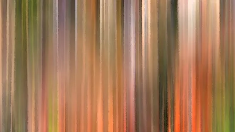 Abstraktes Bild aus senkrechten, verwischten Streifen in Grün, Orange, Braun, Beige und Rosa, die sich über die ganze Fläche ziehen.