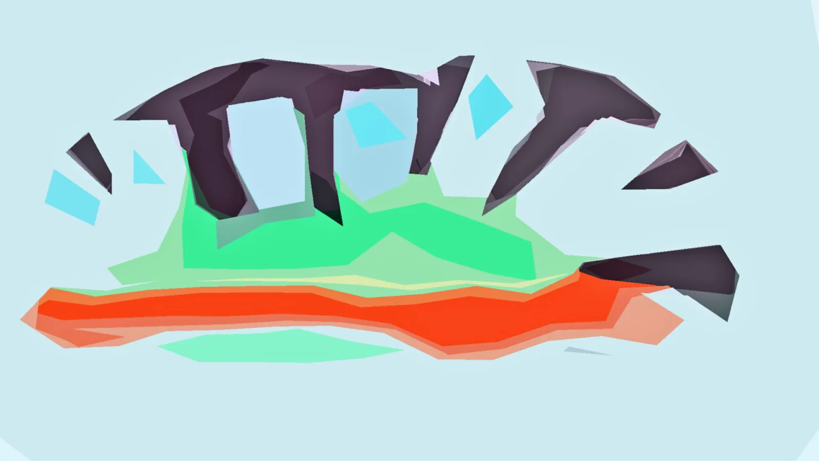 Abstrakte digitale Komposition mit dunkelvioletten Bogenformen, leuchtend grünen und orangeroten Flächen und hellblauem Hintergrund.