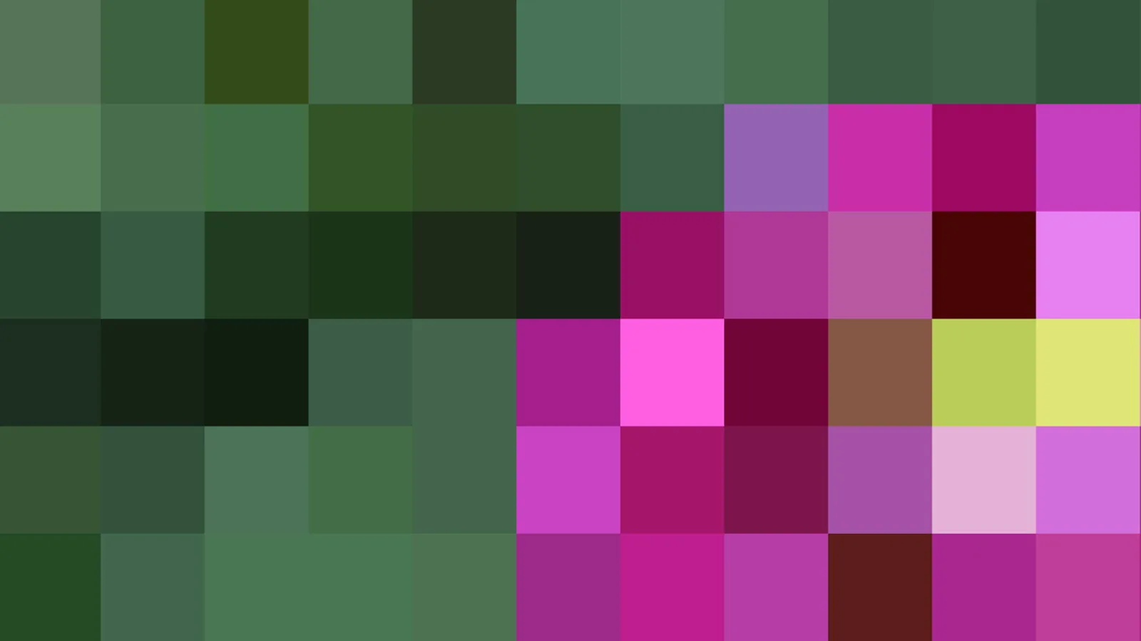 Abstraktes Mosaik aus quadratischen Pixelblöcken in Grün, Magenta, Violett und einzelnen gelben und braunen Feldern.