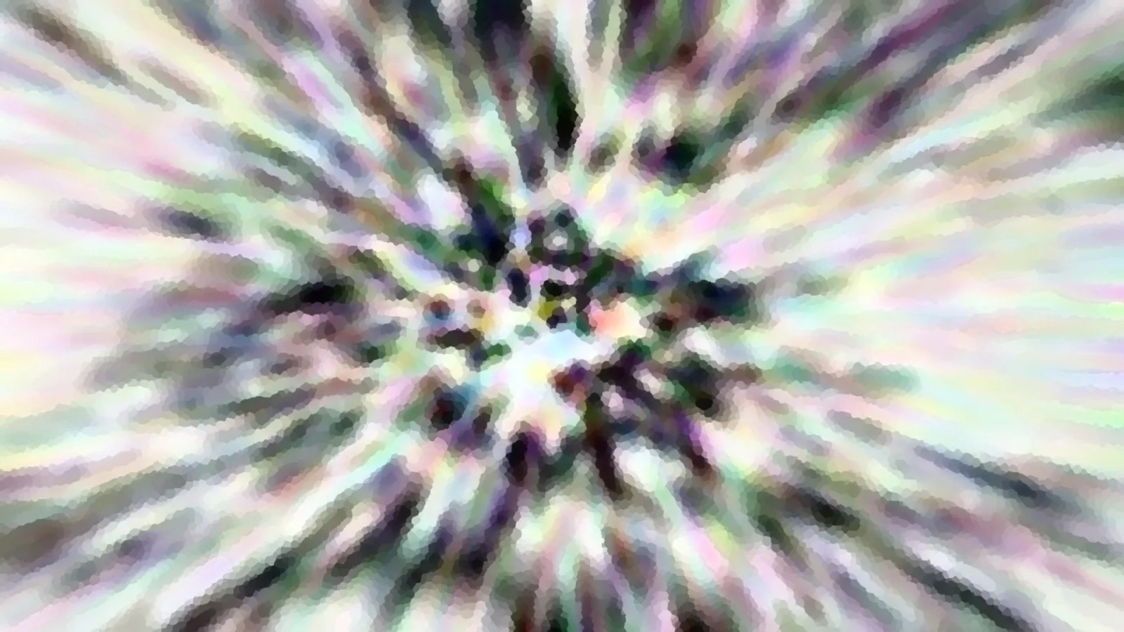 Abstrakte Komposition aus radial nach außen strahlenden, verwischten Streifen in Pastellfarben, Rosa, Grün, Lila und Weiß, mit einem dunklen Zentrum aus kleinen Flecken.