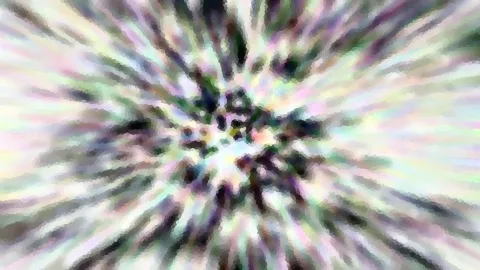 Abstrakte Komposition aus radial nach außen strahlenden, verwischten Streifen in Pastellfarben, Rosa, Grün, Lila und Weiß, mit einem dunklen Zentrum aus kleinen Flecken.