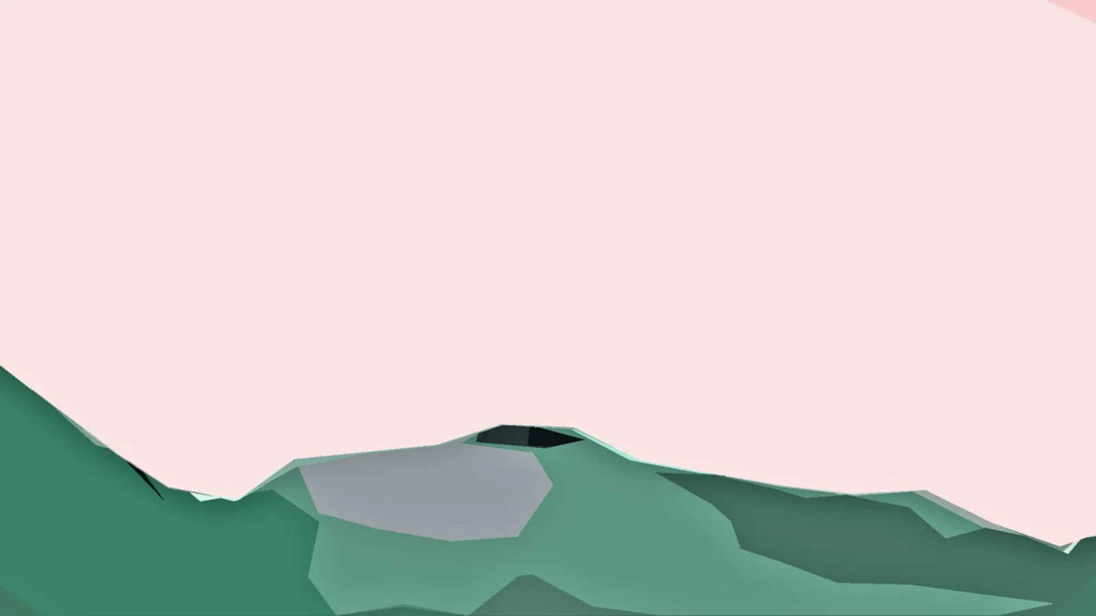 Abstrakte Landschaft mit grünen, facettierten Hügeln am unteren Rand, einem grauen See in der Mitte und einem großen rosafarbenen Himmel