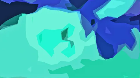Abstrakte Komposition aus scharfkantigen Flächen in Türkis, Mint, Blau und Dunkelblau, dicht nebeneinander und übereinander gelegt.