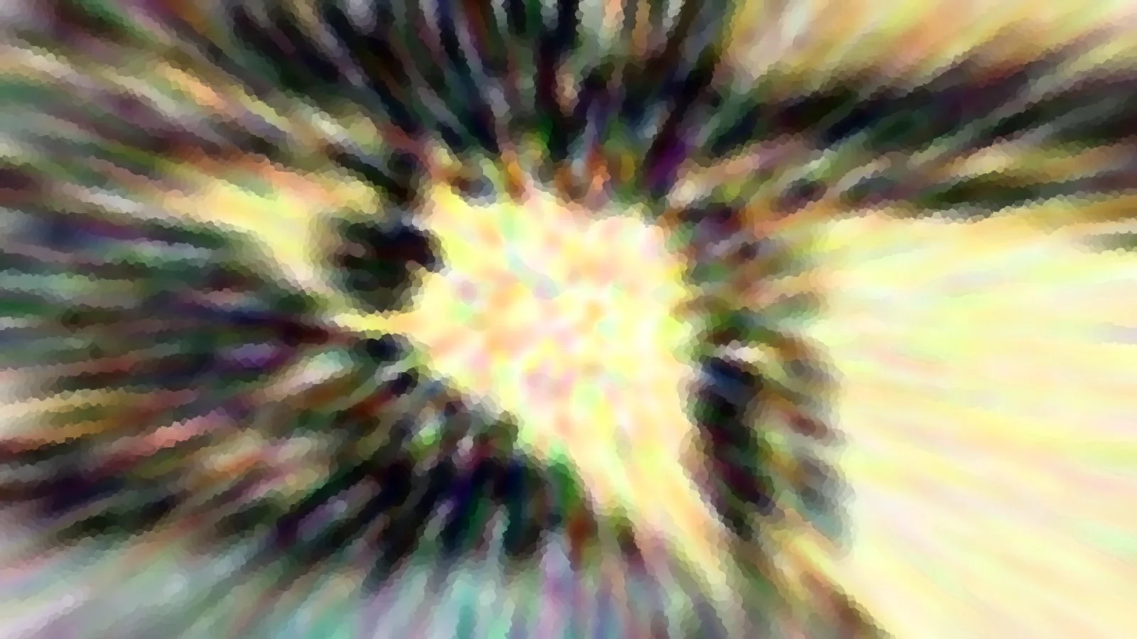 Abstrakte Komposition mit hellem gelbem Zentrum, von dem dunkelgrüne, violette und bunte Streifen radial nach außen laufen.