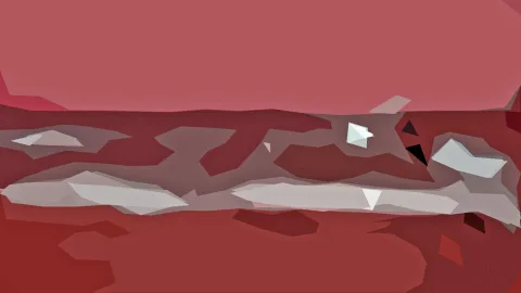 Abstrakte Komposition aus kantigen, flachen Formen in Rot- und Rosatönen, durchzogen von hellgrauen und weißen Streifen, oben eine große ruhige rosa Fläche.