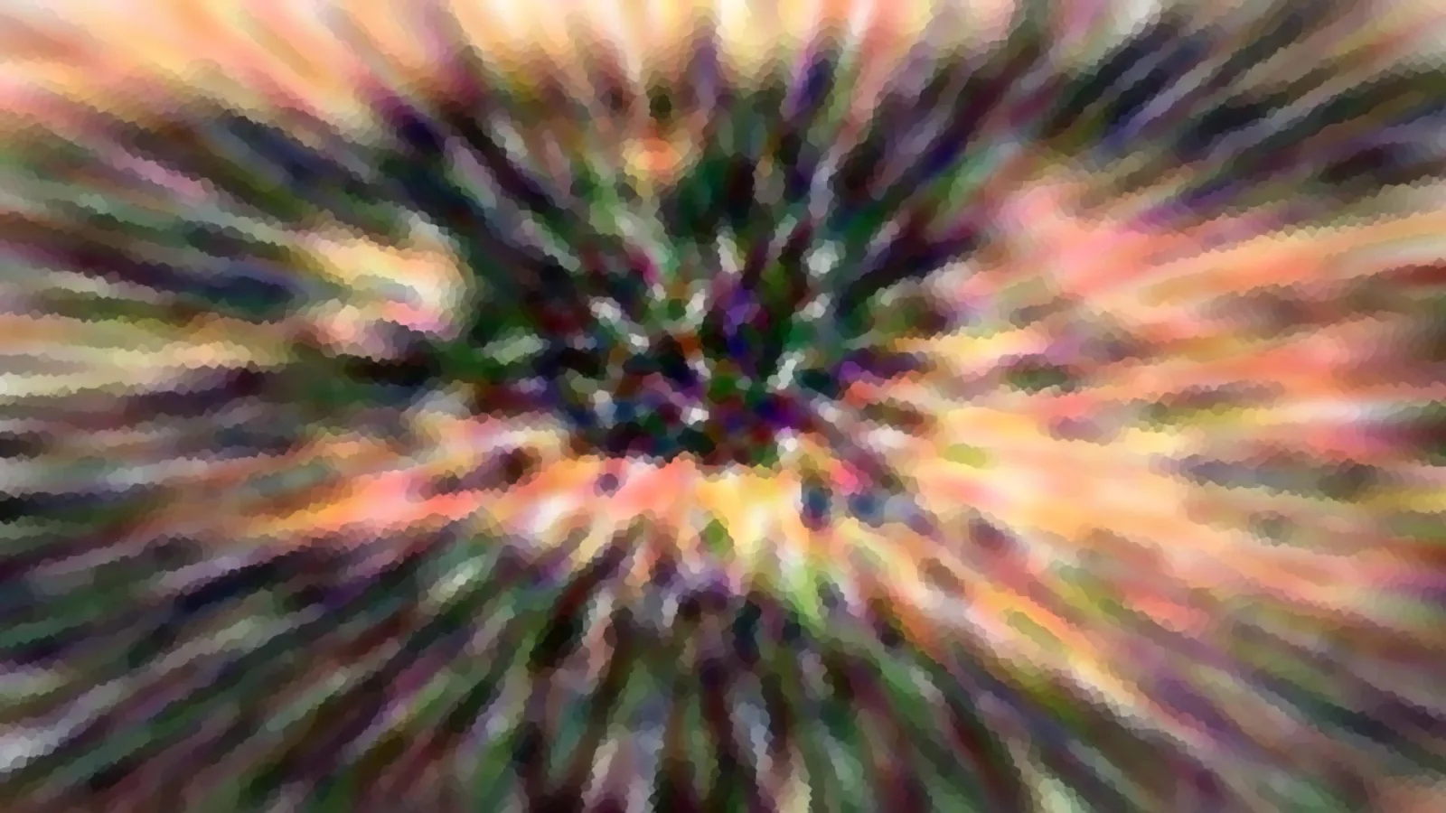 Abstrakte Komposition aus radial verwischten Farbstreifen in Orange, Grün und Violett, die von einer dunkleren Mitte nach außen strahlen.