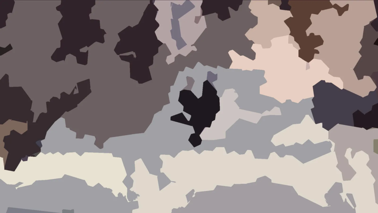 Abstrakte Komposition aus unregelmäßigen, flächigen Formen in Grau, Beige, Braun und Schwarz, mit einer dunklen Form in der Bildmitte.