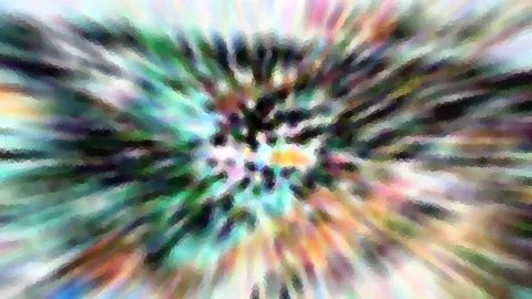 Abstraktes Bild mit radialen, bunten Schlieren um einen dunklen Mittelpunkt, verwischt und pixelig.