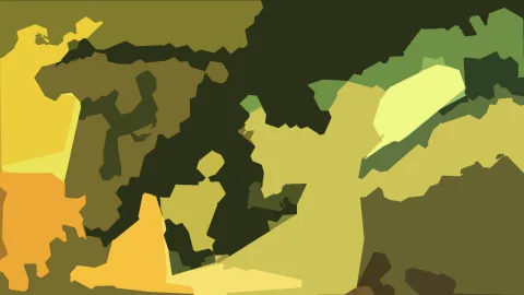 Abstrakte Komposition aus blockigen, unregelmäßigen Farbflächen in Gelb, Oliv, Dunkelgrün, Hellgrün und Orange.