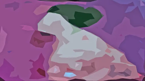 Abstrakte Komposition aus violetten, rosa und weißen Polygonflächen, mit einer hellen, figürlichen Form und einem dunkelgrünen Oval im oberen Bereich.