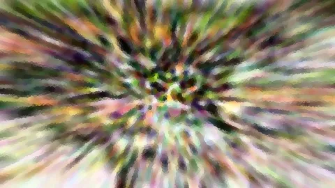Abstrakte Komposition aus bunten Farbstreifen in Grün, Rosa, Violett und Gelb, die radial von der Bildmitte nach außen laufen und mosaikartig gepixelt sind.