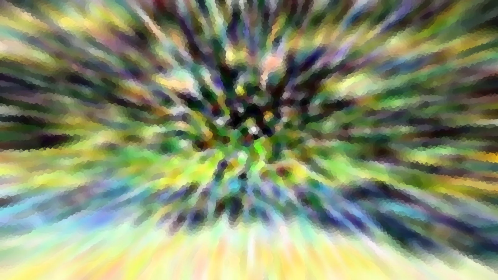 Abstrakte Komposition aus Grün, Gelb, Violett und Blau, die von einem dunklen Zentrum radial nach außen strahlt und mosaikartig verpixelt wirkt.