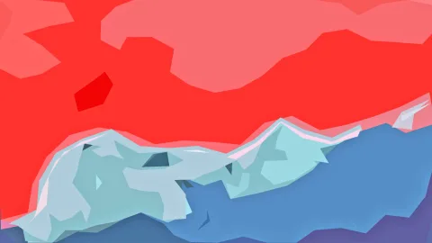 Abstrakte Komposition mit rotem Himmel, großen rosa Flächen und hellblauen, kantigen Eisformen über einer blauen Fläche.