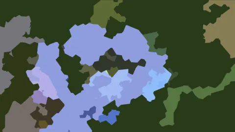 Abstrakte Komposition aus unregelmäßigen, flächigen Formen in Blau, Lavendel, Grau, Grün und Braun auf dunkelgrünem Grund.