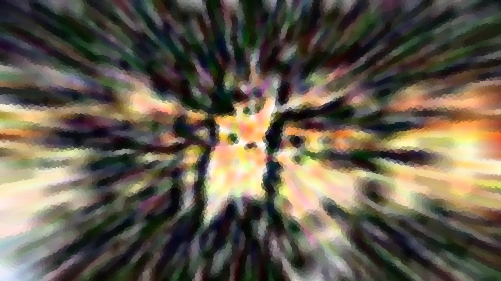Abstrakte Komposition mit radialen Streifen in Grün, Lila und Schwarz, die von einem hellen orangegelben Lichtzentrum in der Bildmitte ausgehen, mosaikartig pixelig.