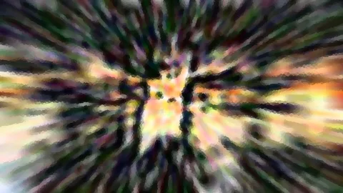 Abstrakte Komposition mit radialen Streifen in Grün, Lila und Schwarz, die von einem hellen orangegelben Lichtzentrum in der Bildmitte ausgehen, mosaikartig pixelig.