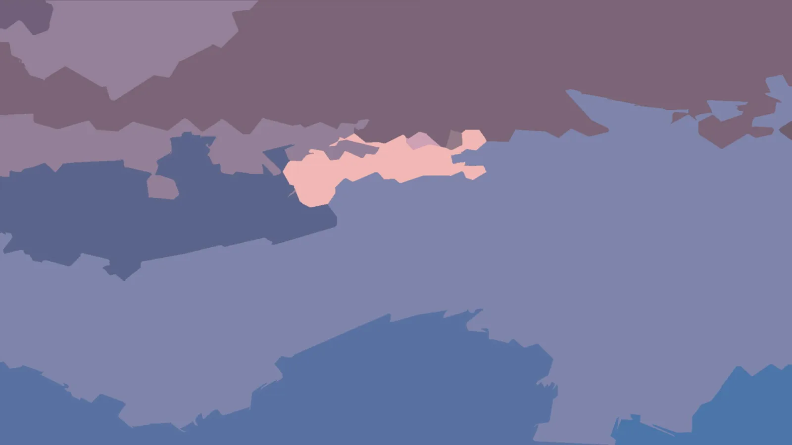 Abstrakte Komposition aus flachen, polygonalen Formen in Violett, Blaugrau und Blau, mit einem kleinen rosafarbenen Fleck in der oberen Bildmitte.