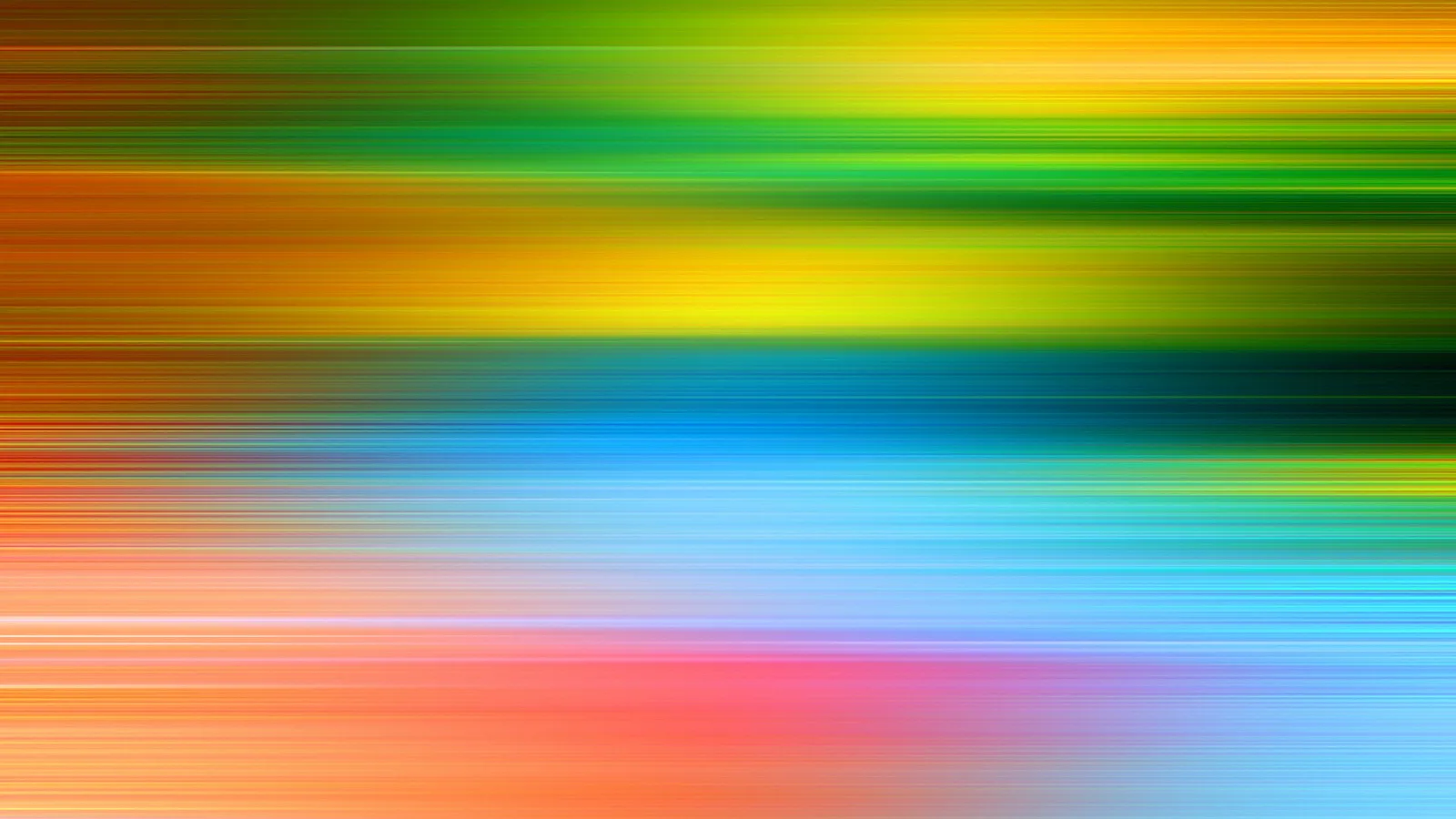 Abstrakte Komposition aus horizontalen, verwischten Streifen in Grün, Gelb, Orange, Blau und Pink