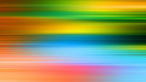 Abstrakte Komposition aus horizontalen, verwischten Streifen in Grün, Gelb, Orange, Blau und Pink