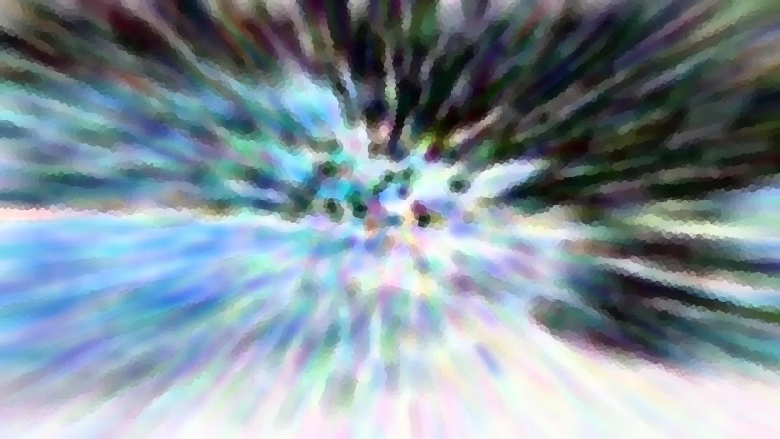 Abstraktes Bild mit radial auseinanderlaufenden Streifen in Türkis, Blau, Weiß und Dunkelgrün, im Zentrum einige dunkle Punkte.