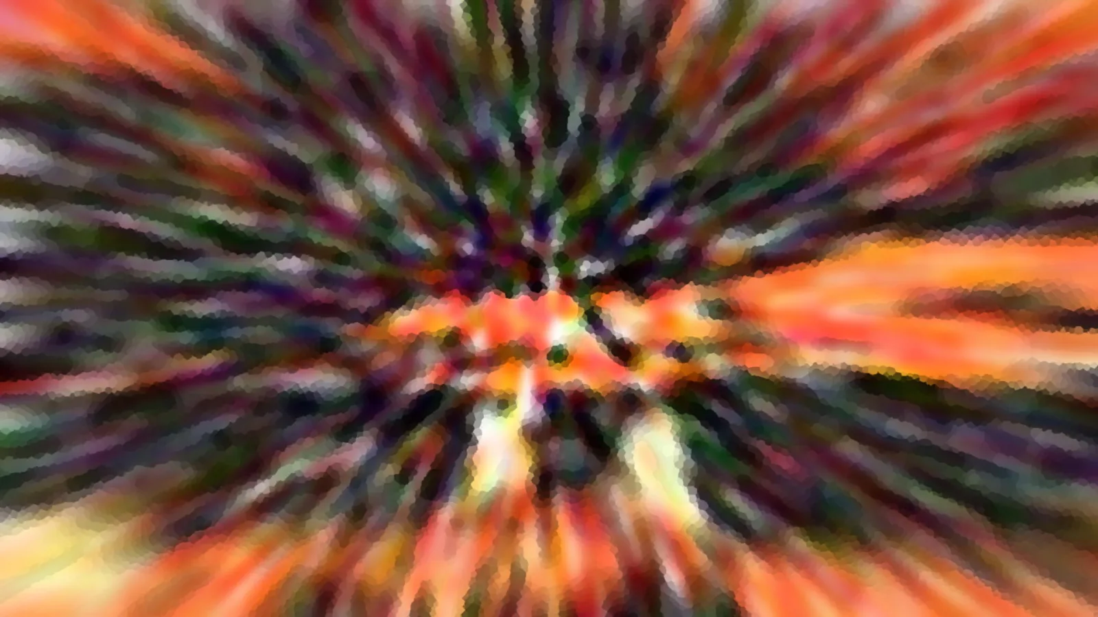 Abstrakte Komposition aus bunten Streifen in Orange, Grün, Violett und Schwarz, die von einem hellen Zentrum radial nach außen laufen.