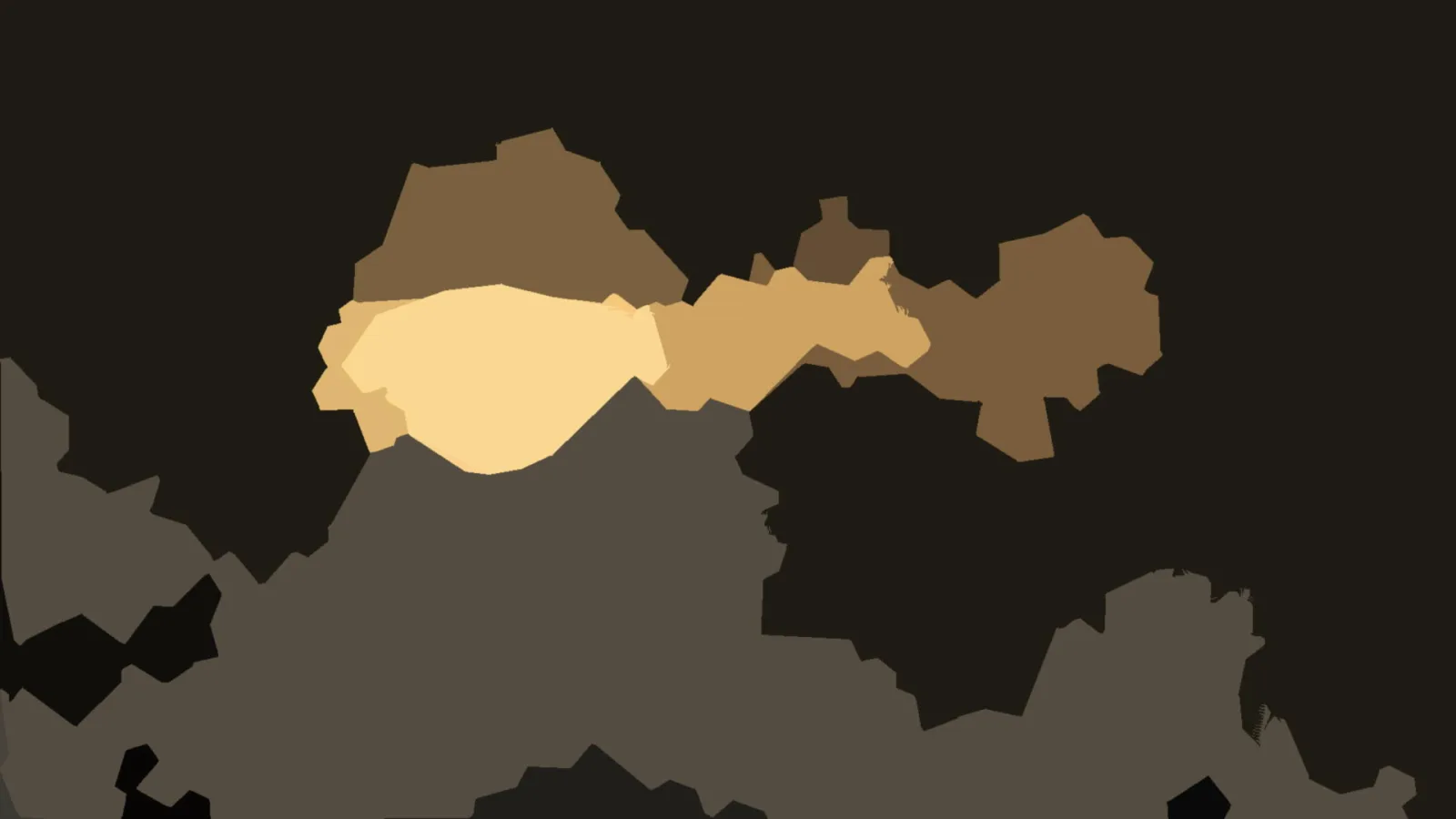 Abstrakte Komposition aus goldgelben und braunen Flächen vor dunklem Hintergrund, am unteren Rand graue Formen.