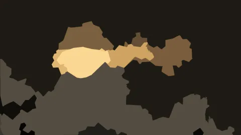 Abstrakte Komposition aus goldgelben und braunen Flächen vor dunklem Hintergrund, am unteren Rand graue Formen.