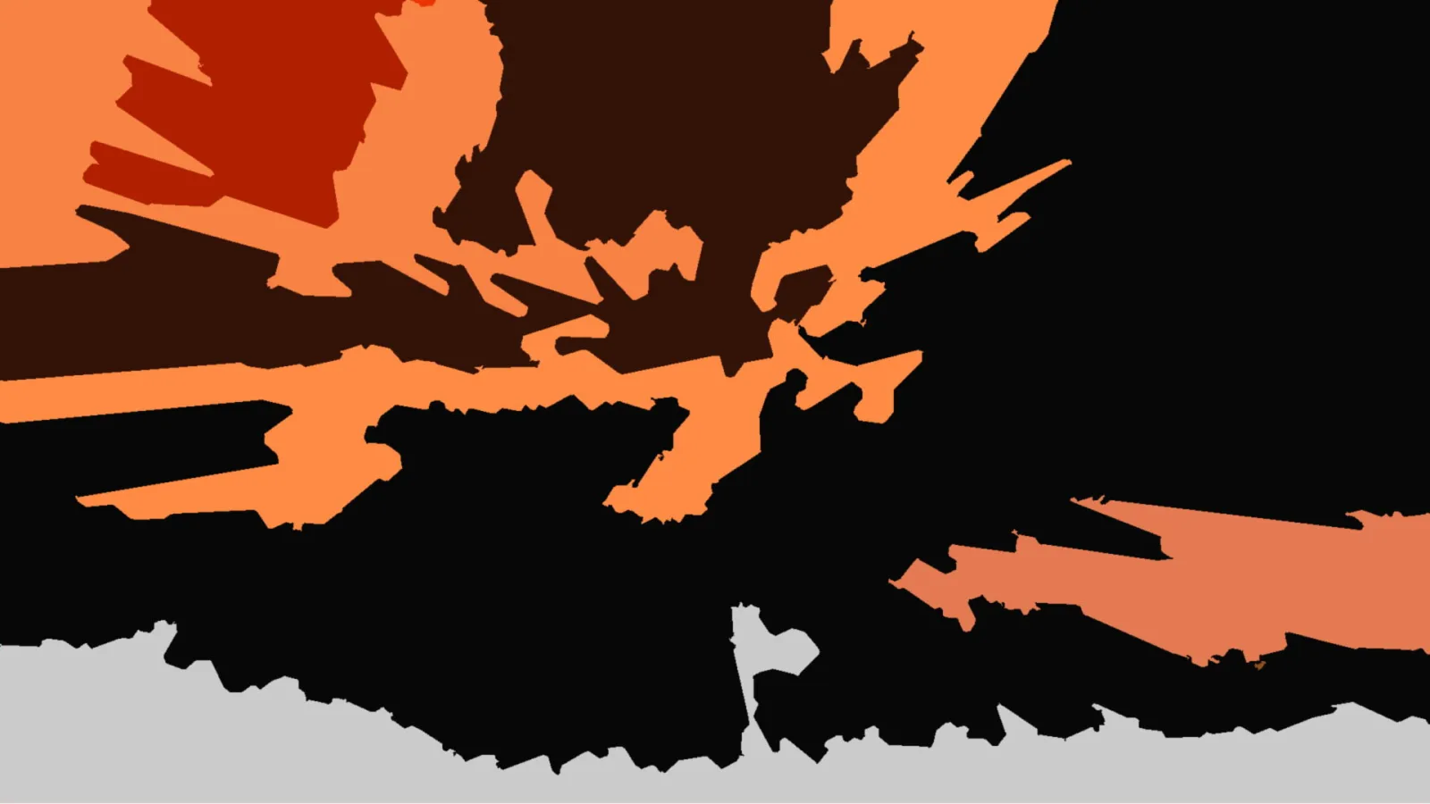 Abstrakte Komposition aus scharfkantigen orangefarbenen, rotbraunen und dunkelbraunen Formen auf schwarzem Grund, unten ein hellgrauer Streifen.
