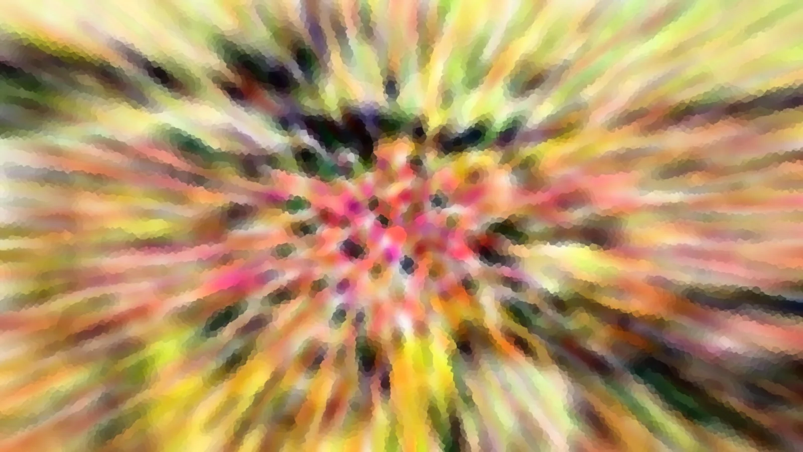 Abstrakte Komposition aus radial von der Mitte nach außen strahlenden Streifen in Gelb, Rosa, Grün und Schwarz, grob gerastert wie ein Mosaik.