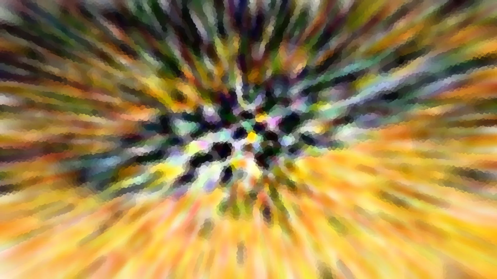 Abstrakte Komposition aus bunten, radial vom Zentrum nach außen laufenden Streifen in Gelb, Orange, Grün und Schwarz, mit mosaikartiger Körnung.