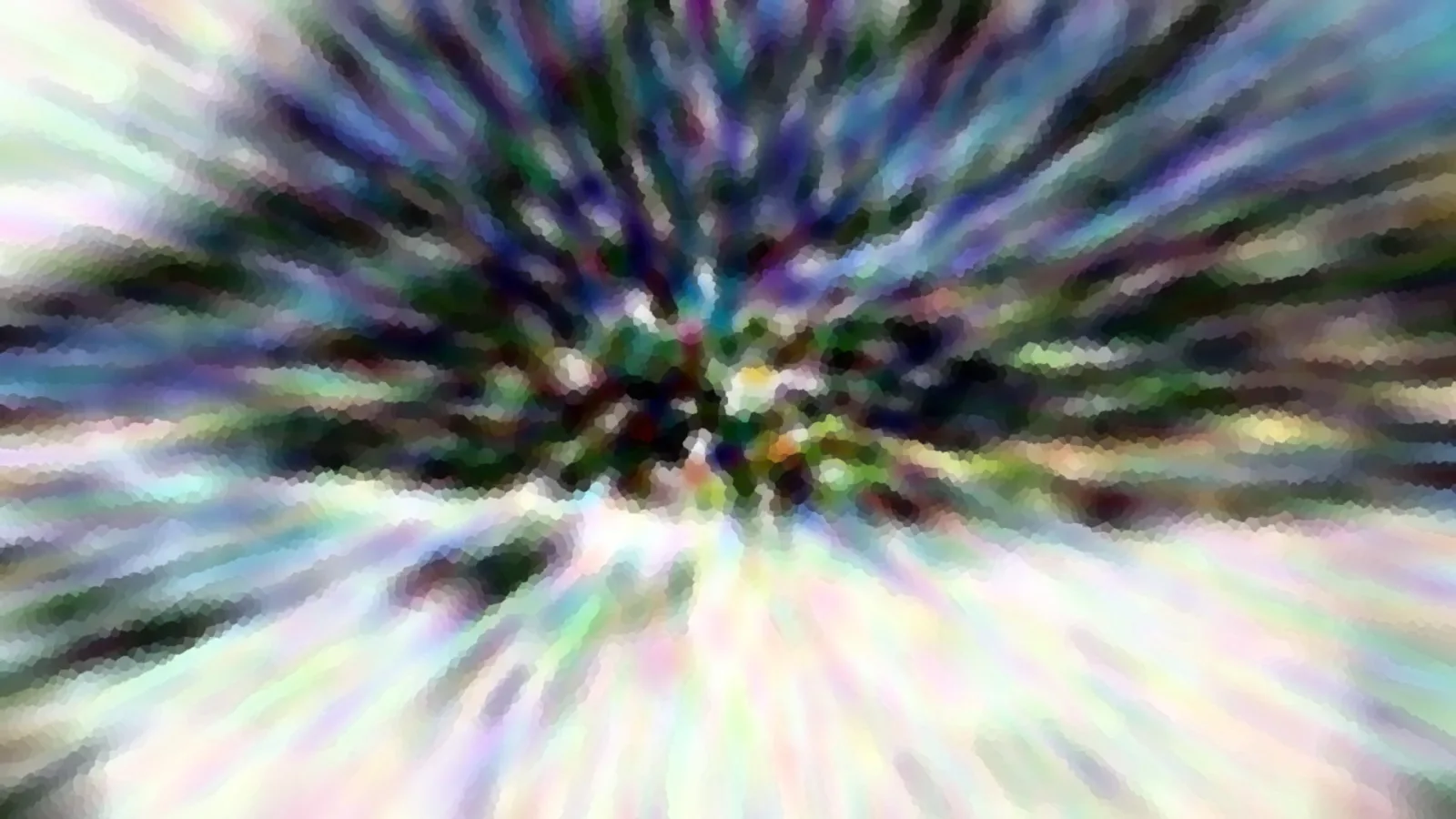 Abstrakte Komposition aus bunten, radial nach außen laufenden Schlieren mit pixeligem Mosaikeffekt, im Zentrum dunkel und grünlich, an den Rändern hell und pastellfarben.