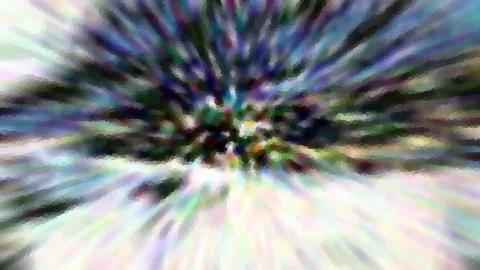 Abstrakte Komposition aus bunten, radial nach außen laufenden Schlieren mit pixeligem Mosaikeffekt, im Zentrum dunkel und grünlich, an den Rändern hell und pastellfarben.