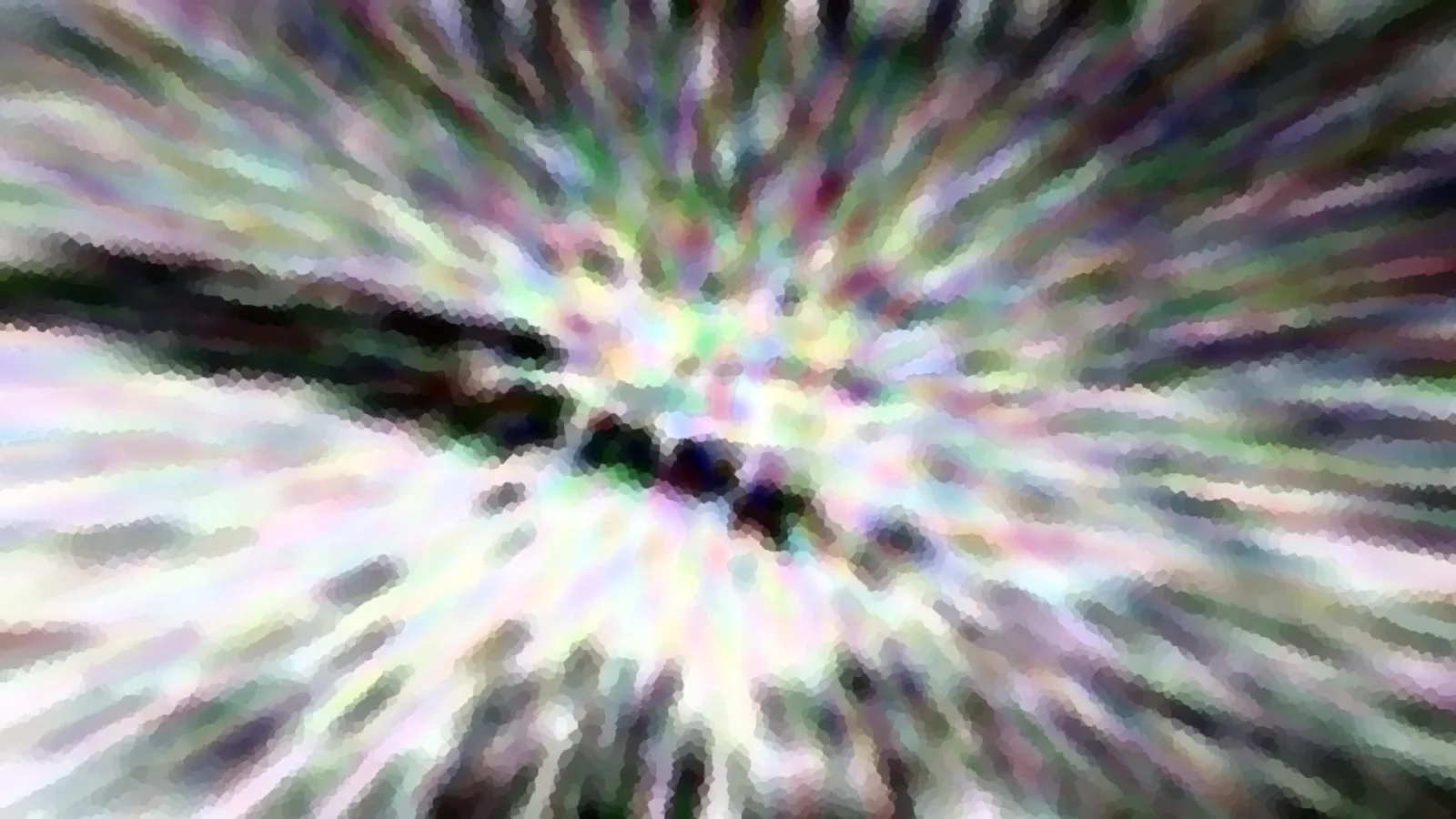 Abstraktes Bild mit strahlenförmig von einem dunklen Zentrum nach außen laufenden Streifen in Grün, Violett, Weiß und Rosa, grob gepixelt wie ein Mosaik.