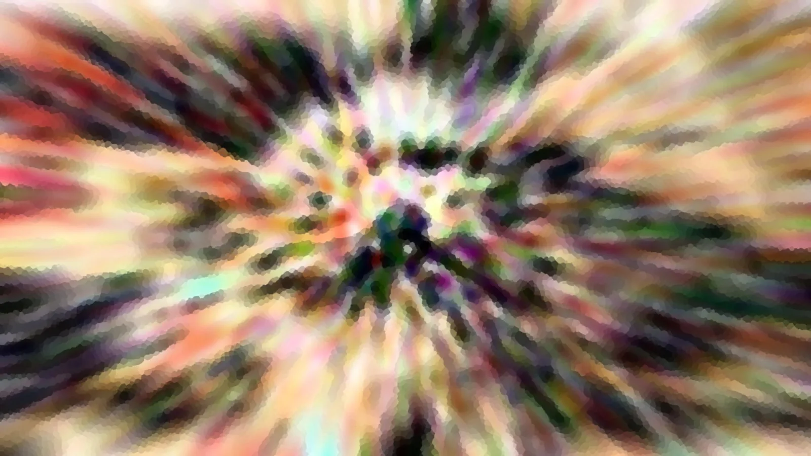 Abstrakte, radial verwischte Farbexplosion in Rot, Gelb, Grün und Violett mit pixeligem Mosaikmuster.
