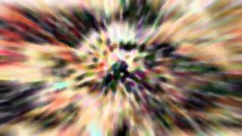 Abstrakte, radial verwischte Farbexplosion in Rot, Gelb, Grün und Violett mit pixeligem Mosaikmuster.