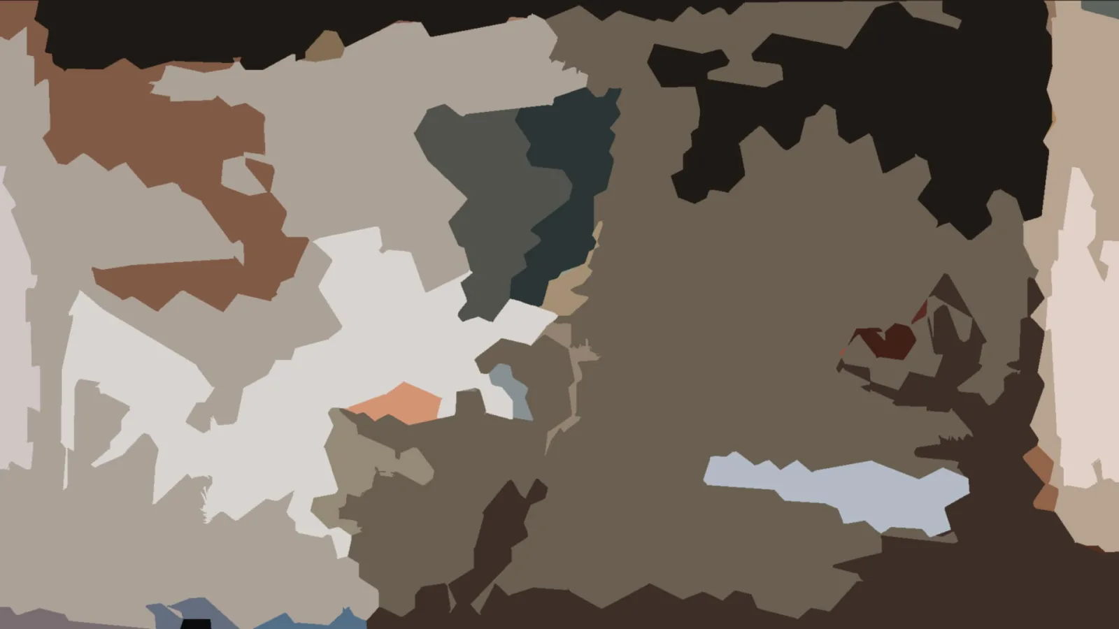 Abstrakte Komposition aus unregelmäßigen flachen Farbflächen in Braun, Grau, Weiß und Schwarz, dazwischen kleine Akzente in Orange und Blau.