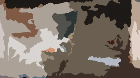 Abstrakte Komposition aus unregelmäßigen flachen Farbflächen in Braun, Grau, Weiß und Schwarz, dazwischen kleine Akzente in Orange und Blau.