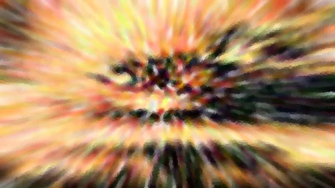 Abstrakte Komposition aus radial verwischten Farbstreifen in Orange, Gelb und Grün, im Zentrum dunkle Flecken.