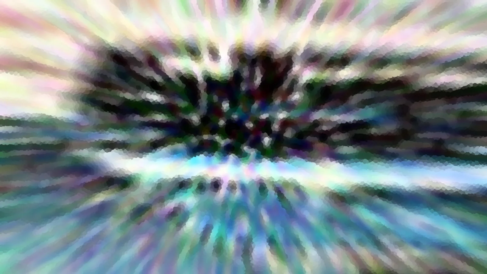 Abstrakte Unschärfe mit strahlenförmigen Linien, die von einer dunklen Mitte ausgehen, in Türkis, Violett und Weiß, mosaikartig gepixelt.