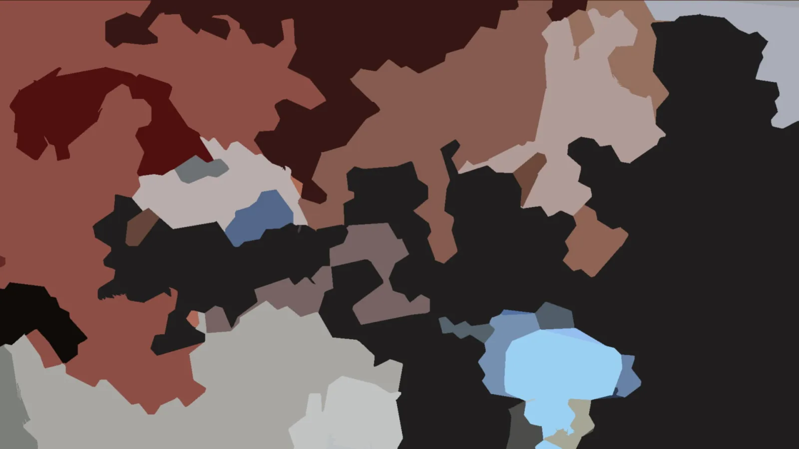 Abstrakte Komposition aus unregelmäßigen, flächigen Formen in Braun, Rostrot, Schwarz, Grau und Hellblau.