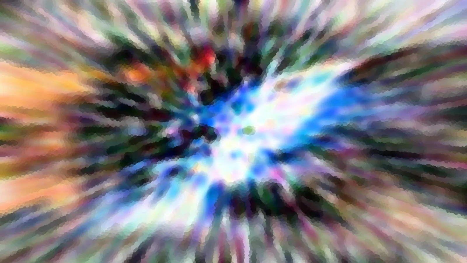 Abstrakte Komposition mit radial von einem hellen blauen Zentrum ausgehenden Farbstrahlen in Blau, Grün, Orange und Violett, leicht verpixelt und unscharf.