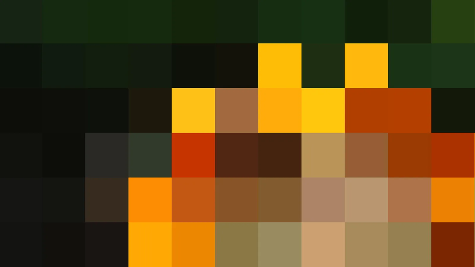Ein grob gepixeltes Raster aus Farbquadraten: oben dunkelgrüne Töne, in der Mitte gelbe, orangefarbene und rote Felder, unten erdige Braun- und Ockertöne.