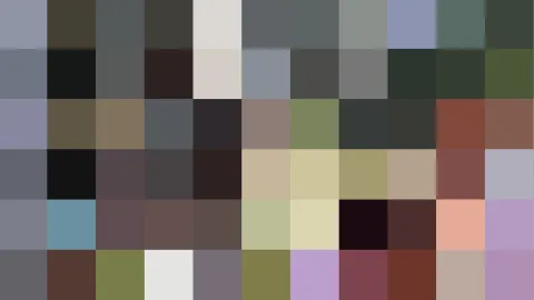 Mosaik aus 10 mal 6 rechteckigen Farbfeldern in Grau, Oliv, Beige, Braun und vereinzelt Lila und Rosa, ohne erkennbares Motiv.