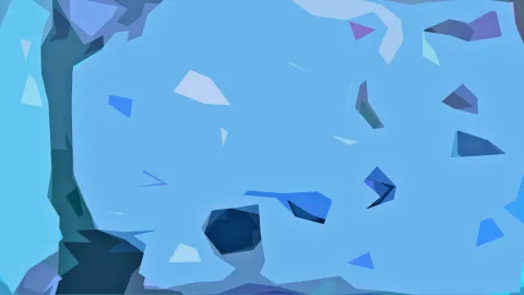 Abstrakte Komposition aus blauen, flachen Facettenformen auf hellblauem Grund. Links verläuft ein dunkler, verzweigter Stamm vom oberen bis zum unteren Rand, rechts verteilen sich kleine helle und violette Splitter.