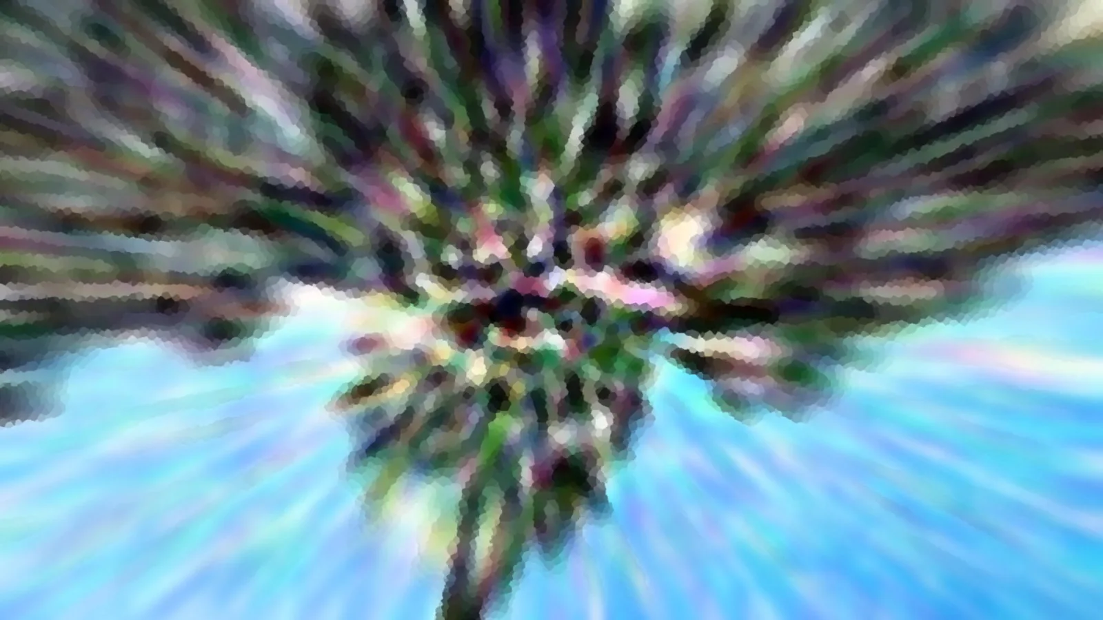 Palmwedel in Grün, Violett und Weiß vor blauem Himmel, radial verwischt und pixelig aufgelöst.