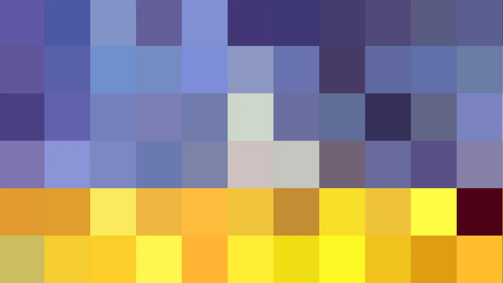 Ein Raster aus quadratischen Pixelblöcken: oben und in der Mitte in Blau- und Violetttönen, unten in Gelb und Orange, dazwischen ein dunkelroter Block.